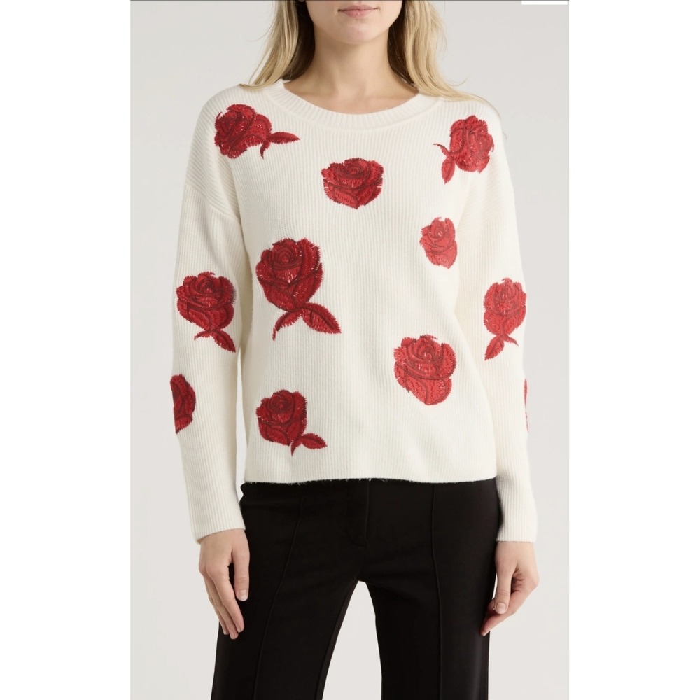 Romantic Coquette Floral Knit Red Rose Embroidered Sweater Small Cottage Soft